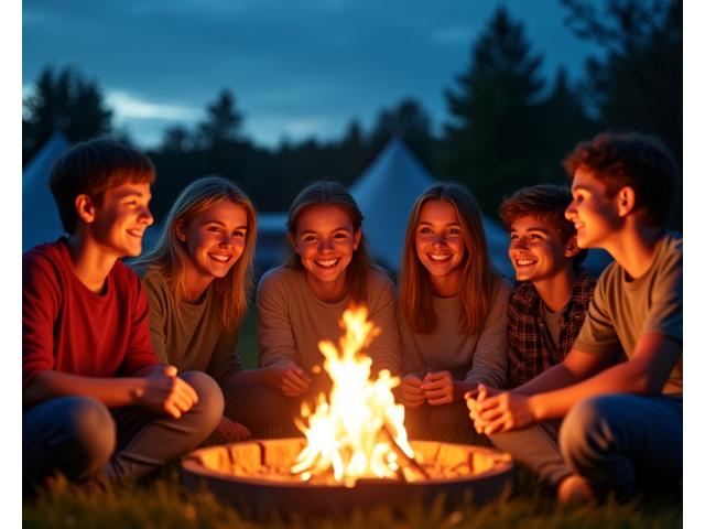 Jugendliche sitzen am Lagerfeuer, lachen und rösten Marshmallows unter einem Sternenhimmel, symbolisiert Ferienlager.