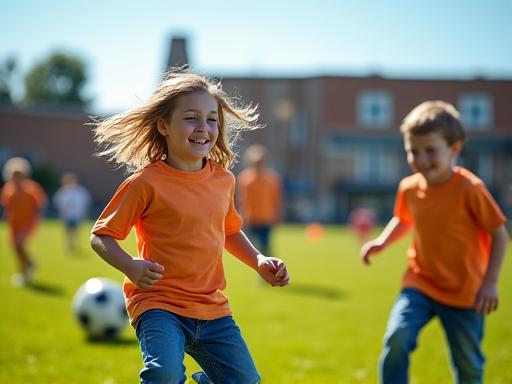 Kinder beim fröhlichen Fußballspielen auf einem grünen Feld bei Sonnenschein, umgeben von Teamgeist.