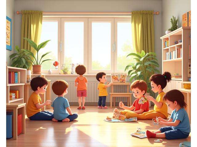 Fröhliche Kinder beim Spielen und Lernen in einer gut ausgestatteten Ferienbetreuungseinrichtung mit vielen Spielsachen und Büchern.