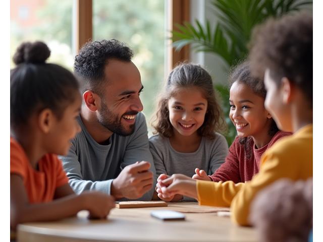 Lachende Familie unterschiedlicher ethnischer Herkunft im interkulturellen Austausch bei einem Deutschkurs für Eltern und Kinder.
