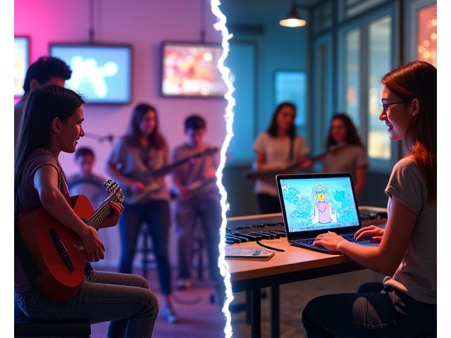 Ein Collagebild, das Musizieren mit Instrumenten und Jugendliche beim Arbeiten an digitalen Kunstwerken auf Tablets zeigt.