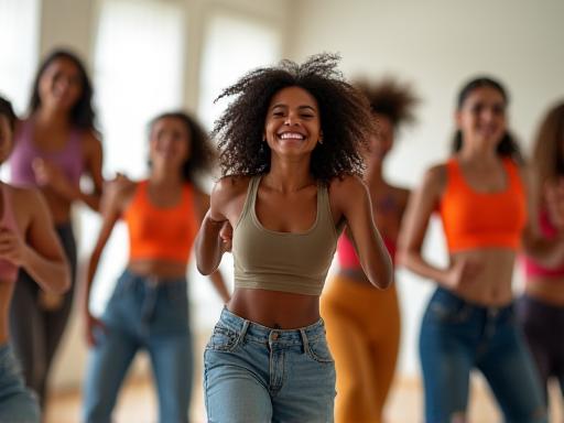 Jugendliche tanzen energisch und synchron in einem hellen Studio, Ausdruck von Freude und Bewegung.