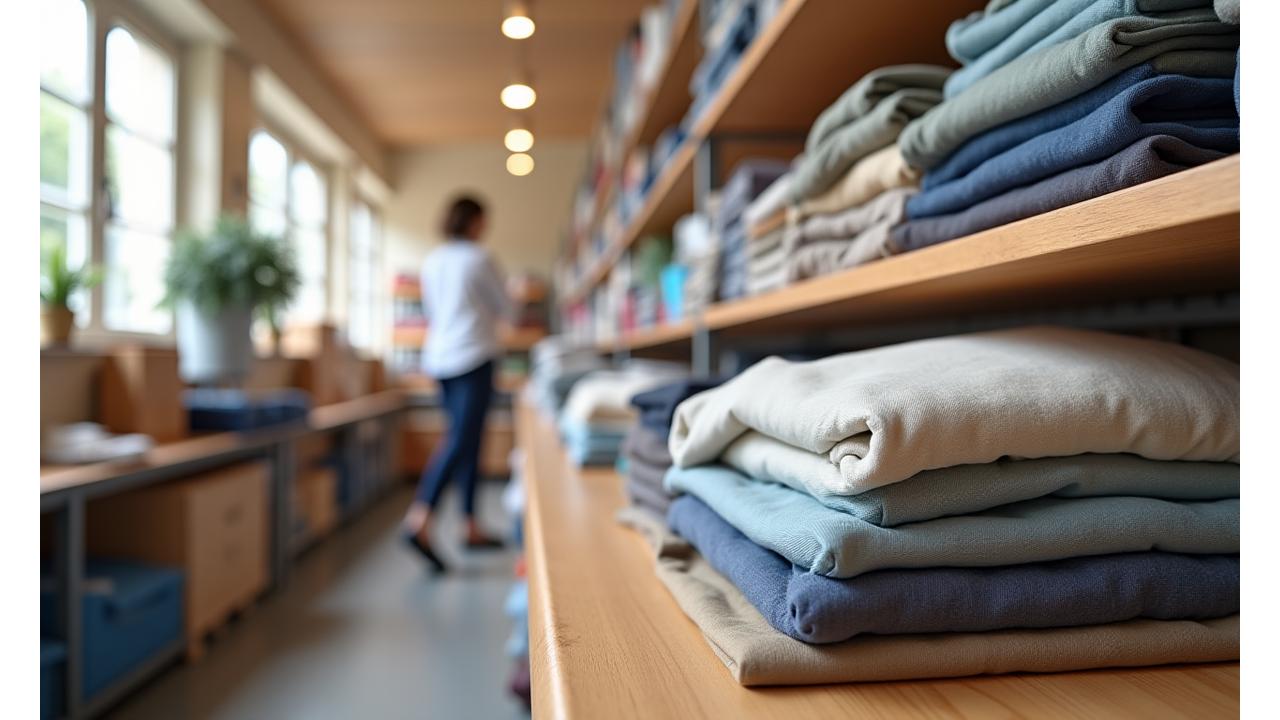 Ein heller, organisierter Raum mit Regalen voller sauberer Kleidung und Haushaltswaren, die zum Verteilen bereitstehen.