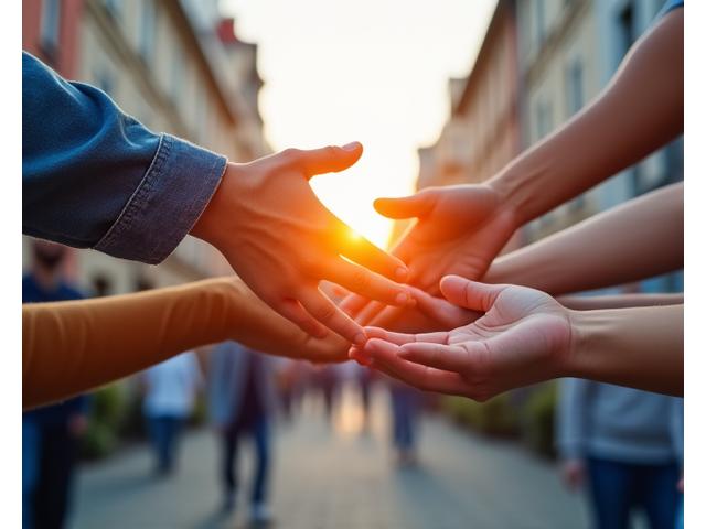 Mehrere Hände reichen sich gegenseitig von oben, symbolisieren Gemeinschaft, Unterstützung und Teamwork. Der Hintergrund ist leicht verschwommen mit sanftem Licht.