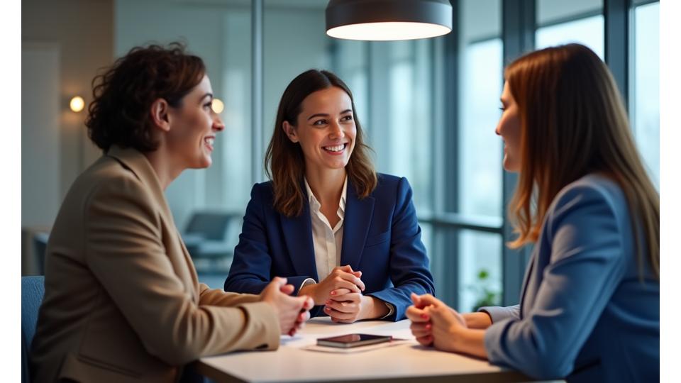 Starke Frauen in einer Gruppendiskussion, symbolisiert Zusammenarbeit und Führung.