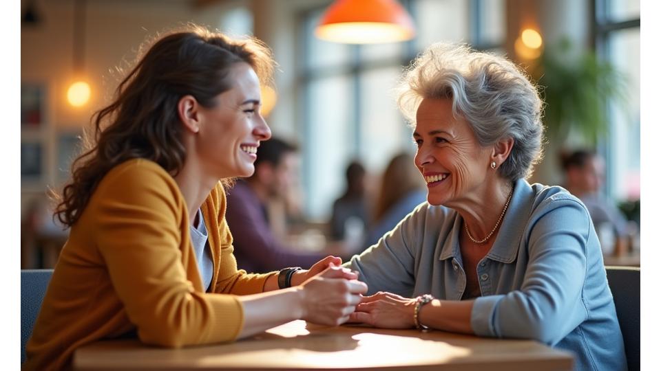 Glückliche alleinerziehende Mutter und Mentorin lachen während eines Gesprächs in einem Café.