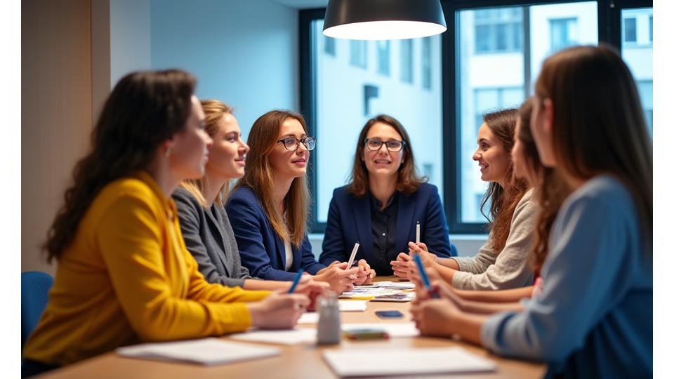 Gruppe von Frauen bei einem Weiterbildungsworkshop, interaktiv und engagiert.