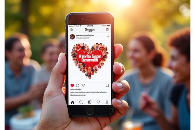 Eine leuchtende Grafik auf einem Smartphone, die 'Berlin gegen Einsamkeit' darstellt, umgeben von Menschen, die sich in Gruppen engagieren.