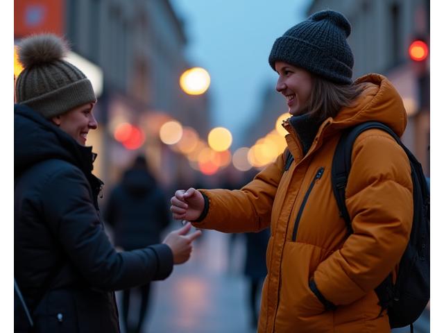 Ein freundlicher Helfer des Herzstifts reicht einer bedürftigen Person in Berlin, symbolisiert durch eine ausgestreckte Hand, eine Decke oder ein warmes Getränk bei Sonnenuntergang. Das Bild vermittelt Wärme und direkte Hilfe.