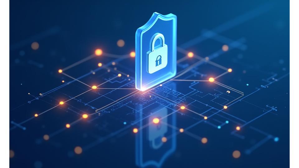 Eine animierte Darstellung von Datenfluss und Schutz, mit Schilden und geschützten Icons auf einem stilisierten Netzwerk. Farben der Marke dominieren.